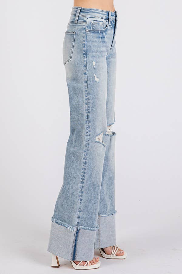 HIGH RISE SUPER STRETCH WIDE FLARE W/ CUFFED HEM