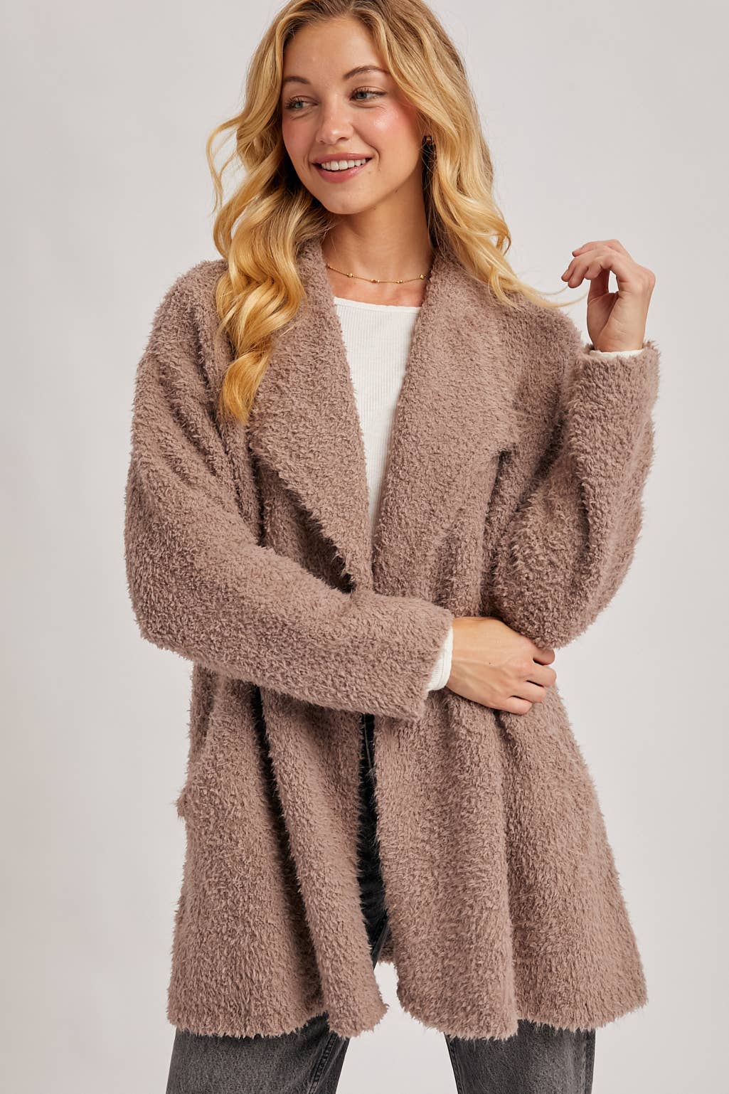 FUZZY KNIT DRAPE CARDIGAN