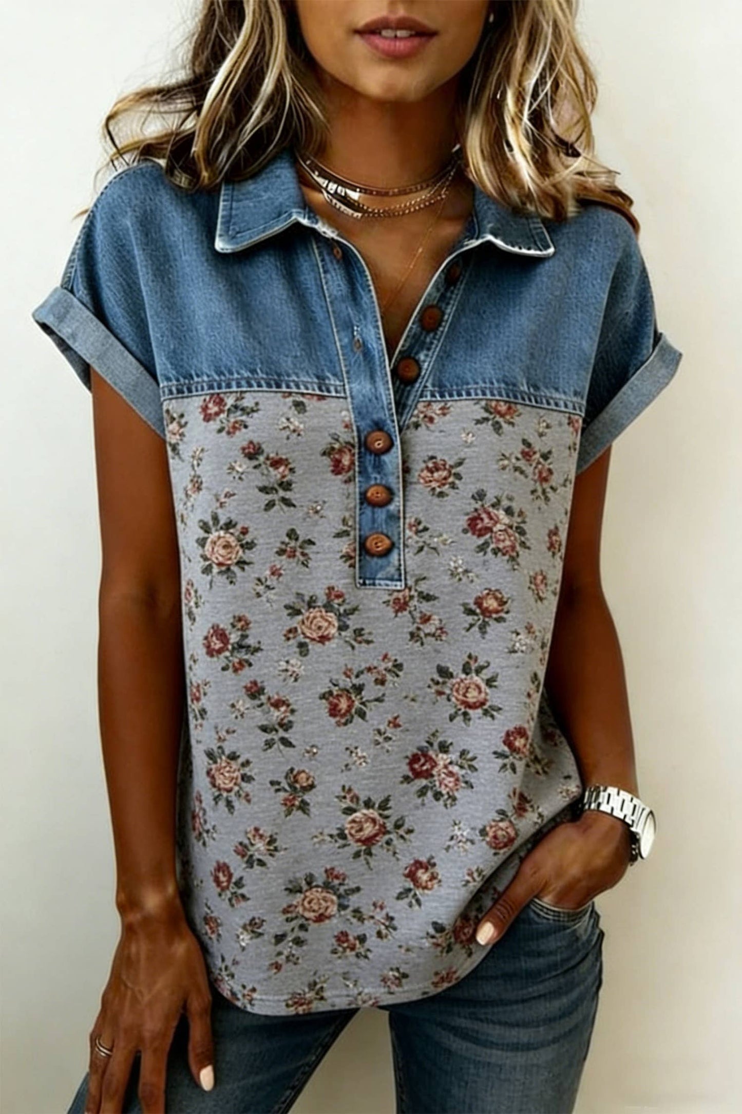 Denim Floral Buttoned Polo