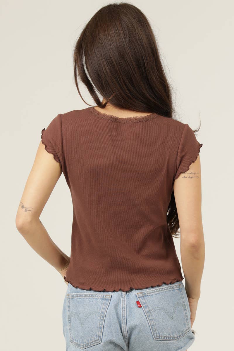RIB KNIT LACE TRIM SHORT SLEEVE TOP