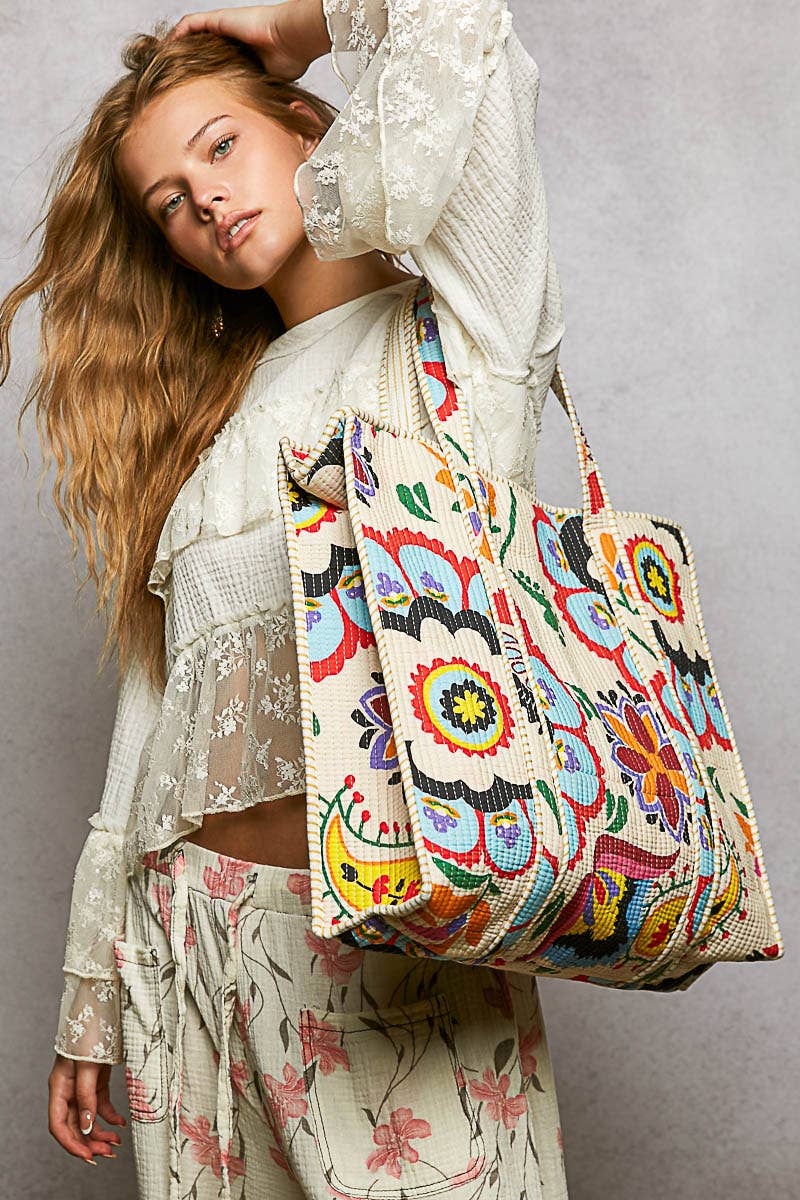 Cotton Printed Cream Tote Bag