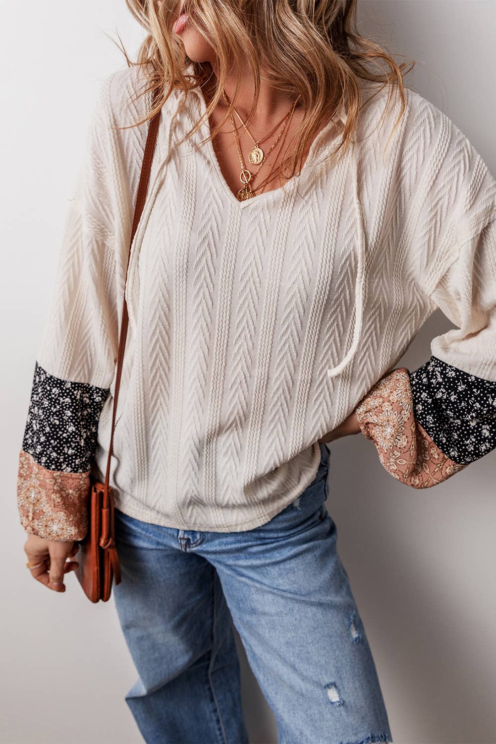 Floral Knit Drawstring V Neck Blouse