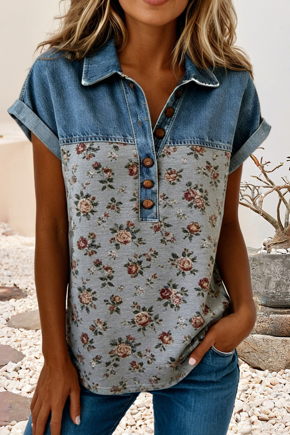Denim Floral Buttoned Polo