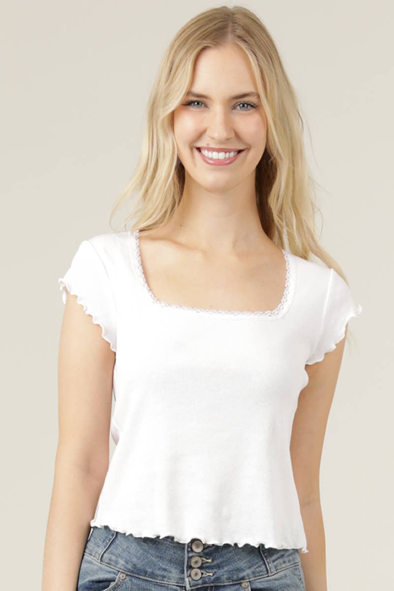 RIB KNIT LACE TRIM SHORT SLEEVE TOP
