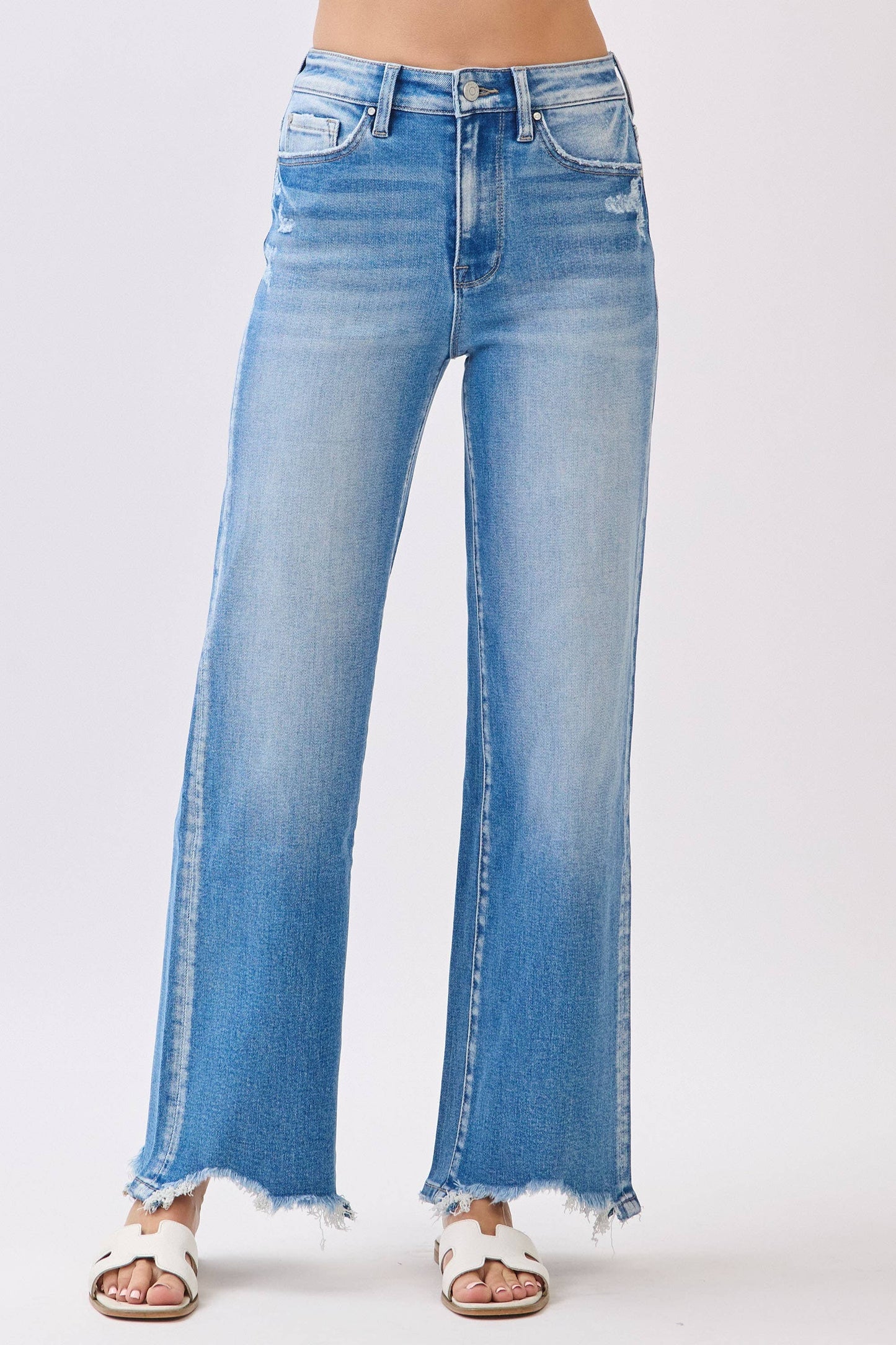 PETRA HIGH RISE STRETCH  WIDE LEG W/ DESTROYED HEM JEANS